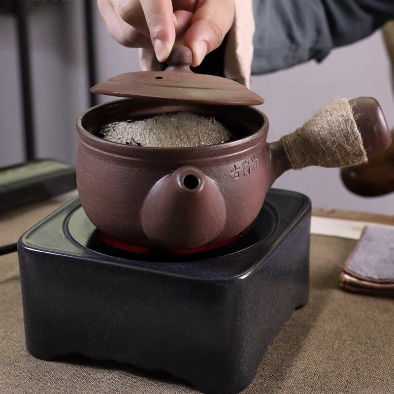 粗砂陶侧把大口径带盖煮茶壶器养生花黑白茶普洱复古烧水壶图片