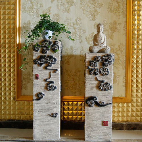 新中式禅意仿古祥云展示柱落地摆件家居饰品客厅玄关花盆装饰底座