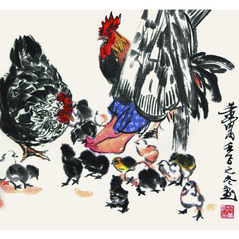 荣宝斋木版水印 国画 客厅装饰壁画 黄胄 育雏 93*55cm 画片
