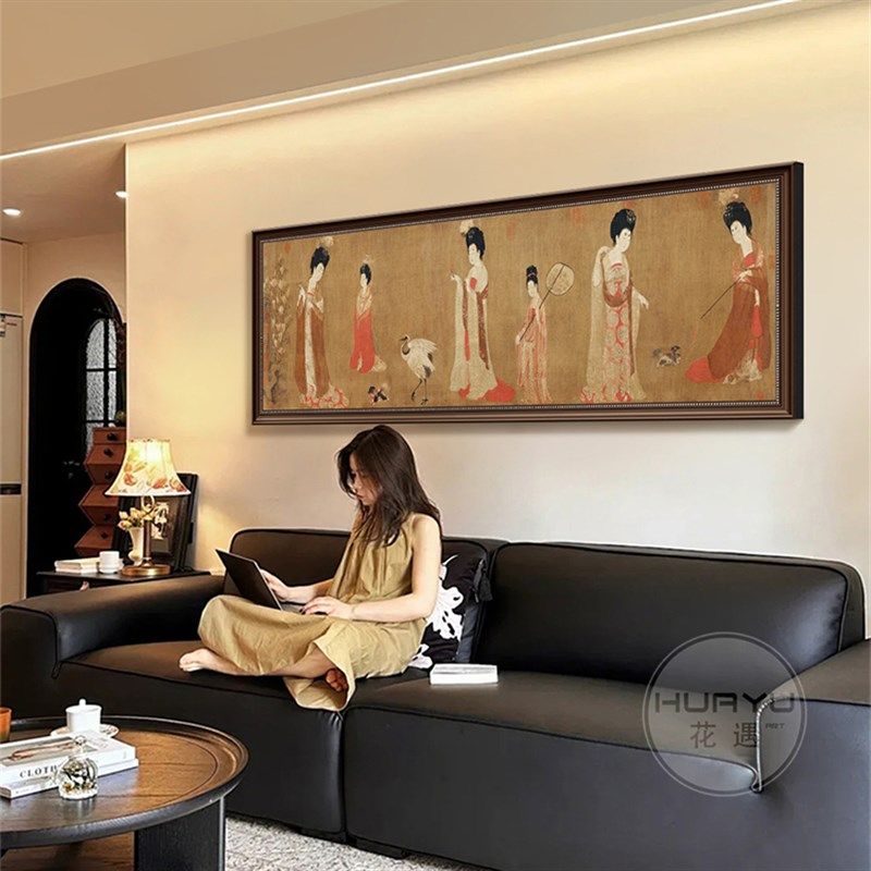 簪花仕女图中古风客厅横幅装饰画沙发背景墙茶室壁画法式复古挂画