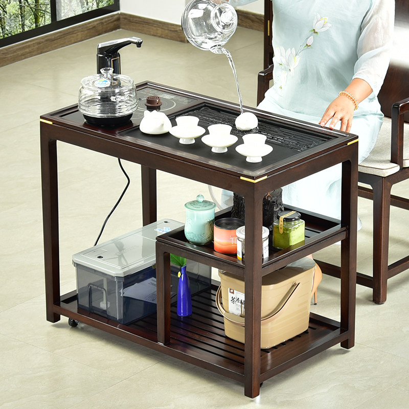 千怡堂乌金石茶台移动茶车花梨木黑紫檀色茶盘茶具套装自动电磁炉