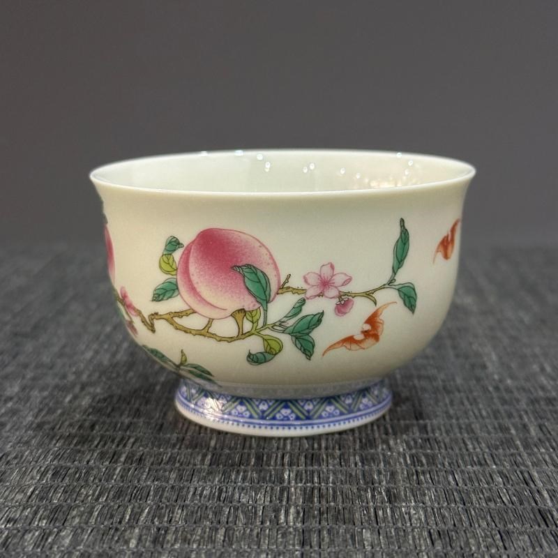 高档茶具茶杯景德镇釉上粉彩寿桃高脚主人杯压手杯功夫茶瓷器单杯