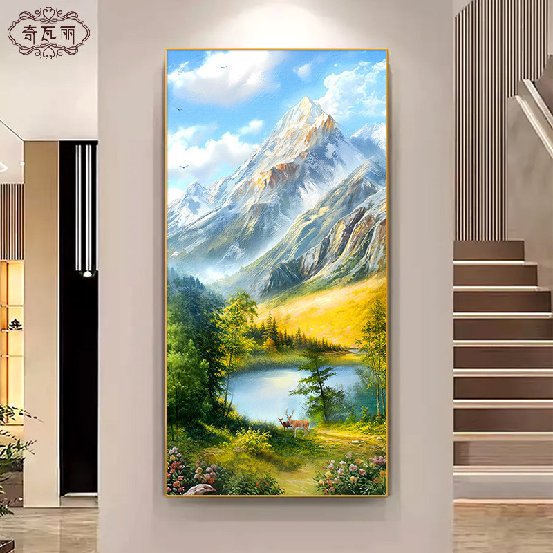 入户玄关装饰画大芬村油画走廊过道挂画竖版山水风景手绘客厅壁画