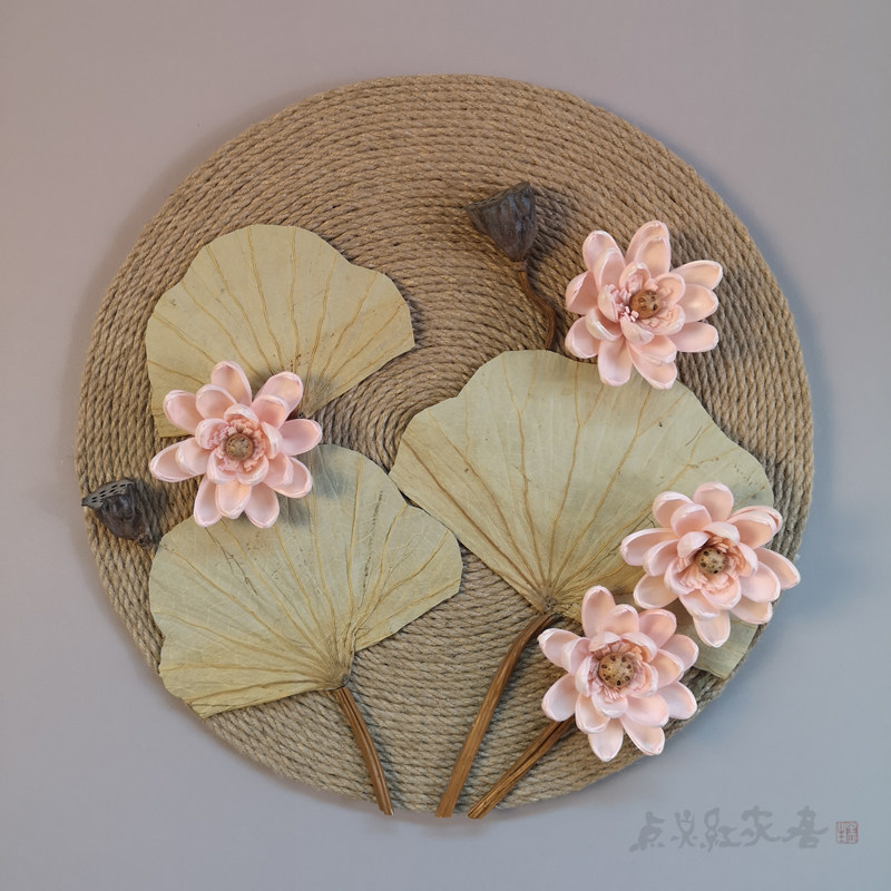 满月照青莲禅意睡莲新中式玄关墙面装饰复古怀旧民宿家居壁饰麻绳