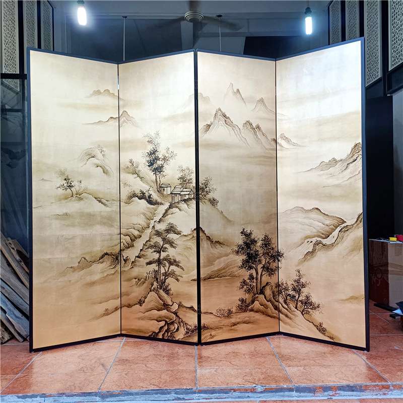中式复古金箔漆画山水屏风手绘江山如画客厅茶室折叠移动玄关隔断