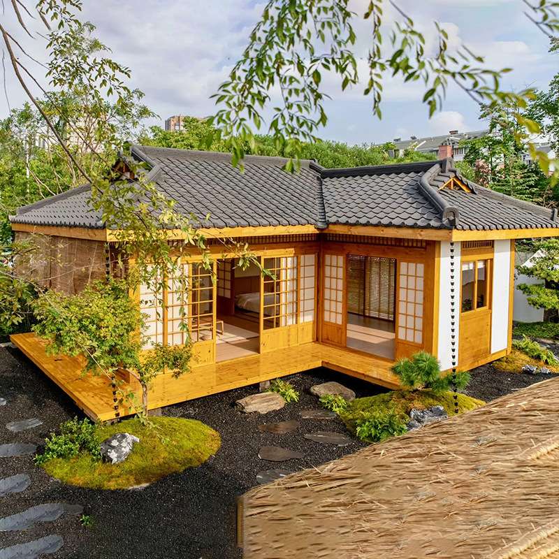 日式小木屋别墅民宿庭院造景木屋室外防腐木木房子户外茅草屋田园