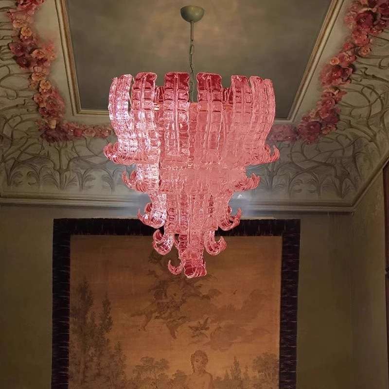 法式粉色玻璃吊灯别墅楼梯挑空灯中古新款餐厅灯大灯玻璃吊灯