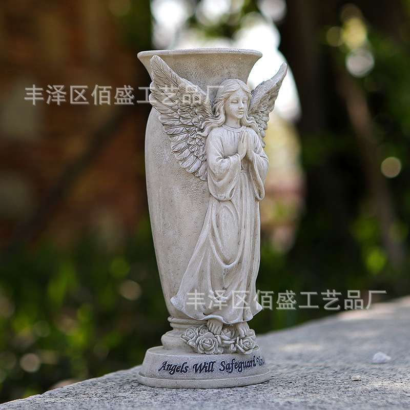 跨境墓地天使花瓶摆件创意花园花插墓碑纪念装饰树脂工艺品雕像