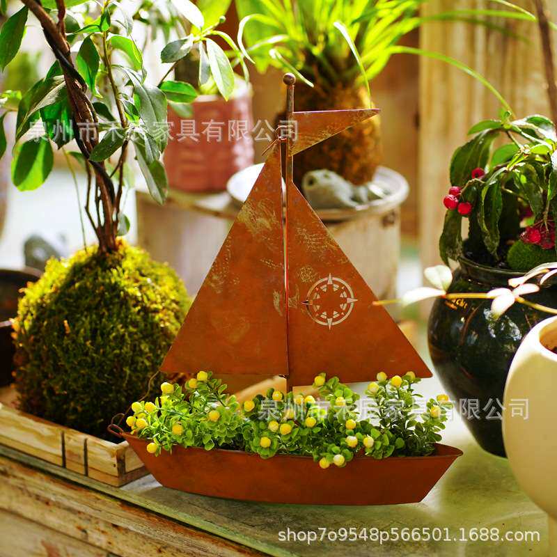 跨境爆款创意3D生锈帆船铁艺多肉植物桌面装饰花盆花园装饰摆件