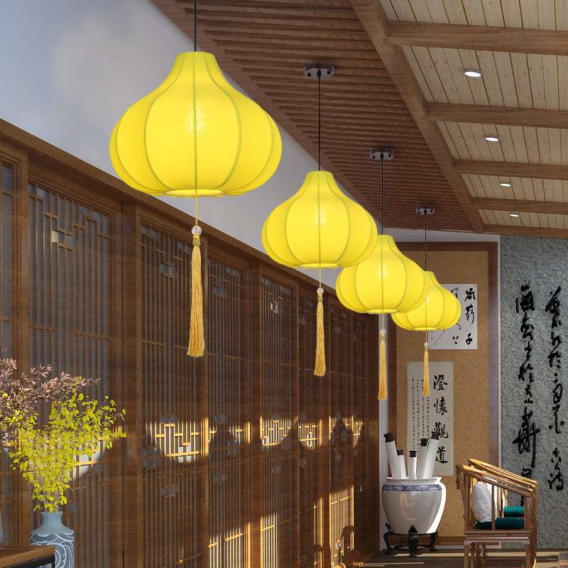 新中式吊灯布艺灯罩饭厅火锅店中国风禅意古风灯饭店创意复古灯笼