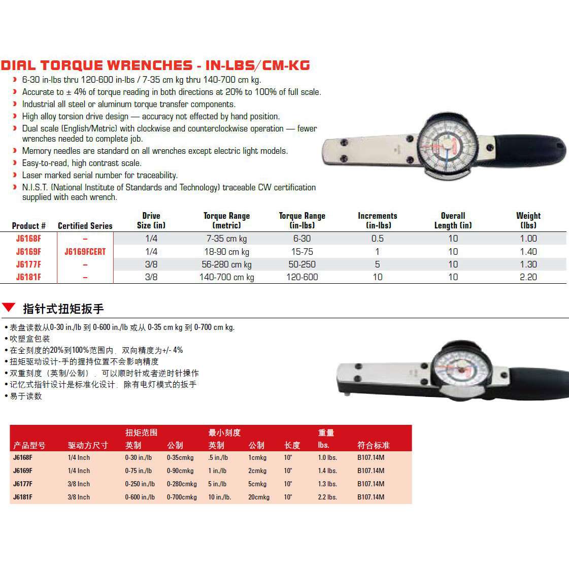 3/8方 指针式扭力扳手 表盘式扭矩扳手 0-250in.lbs J6177F