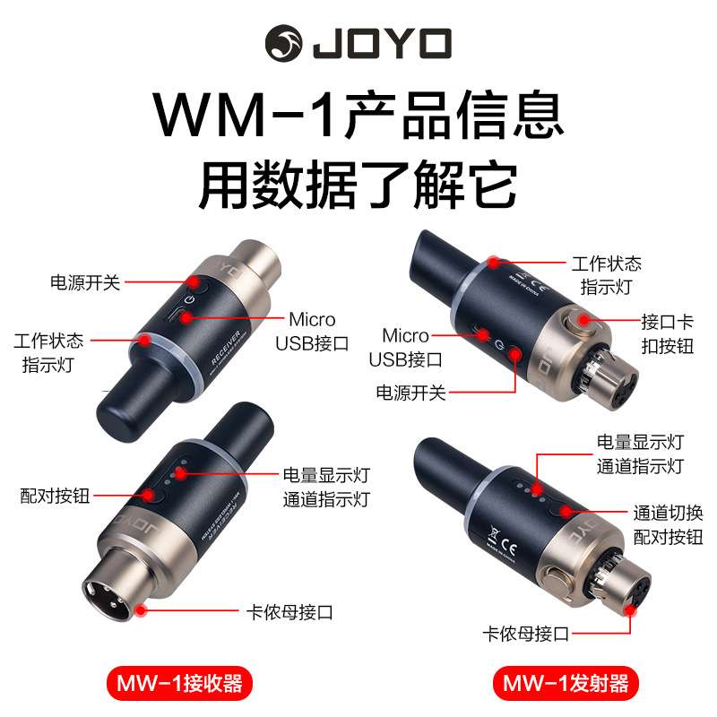 JOYO卓乐MW-1充电无线麦克风系统话筒便携发射接收器卡农接口乐器