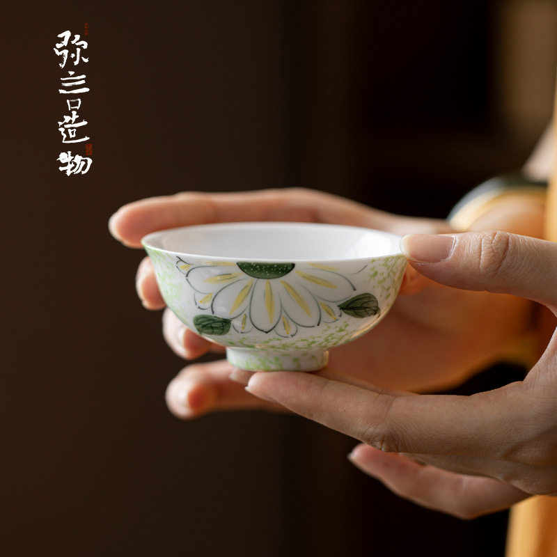 弥言手工陶瓷薄胎主人杯家用大号茶杯釉下彩手绘雏菊普洱杯不烫手
