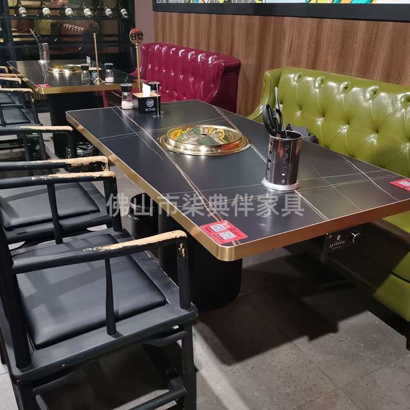 火锅桌椅系列厂家直供酒吧清吧自助餐桌子火烧石实木白色油漆岩板