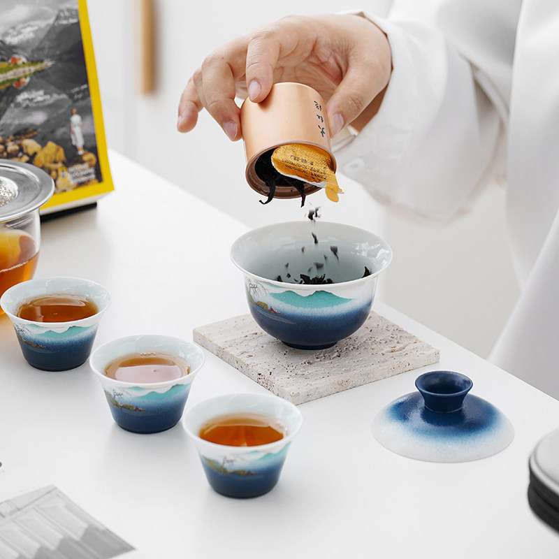商务旅行茶具便携式盖碗小套装快客杯一壶三杯随身携带户外一人饮