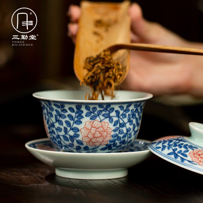 三勤堂陶瓷手绘青花釉下矾红缠枝莲元宝三才盖碗景德镇茶具茶碗