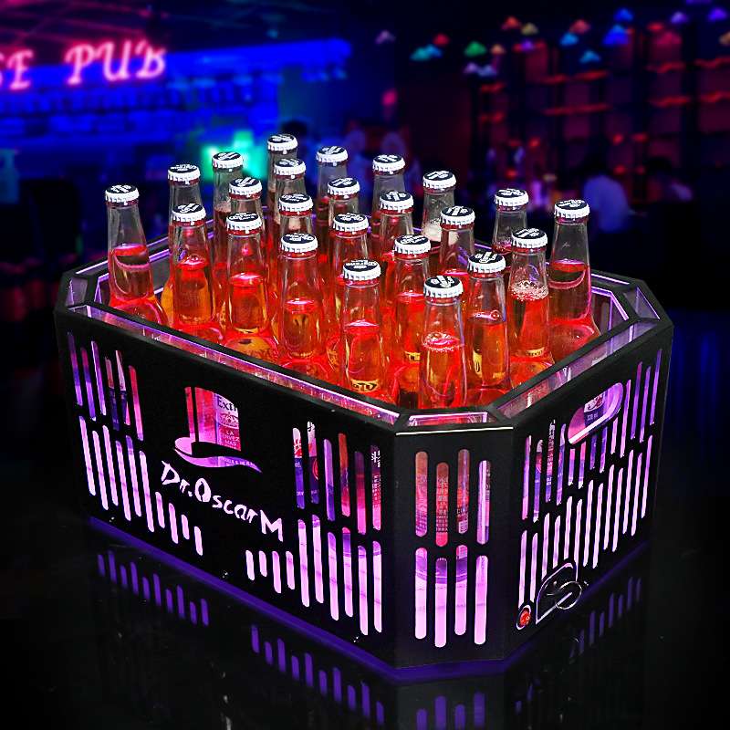 酒吧发光啤酒框铁艺条纹KTV商用香槟红酒箱轻奢大号双层加厚冰桶