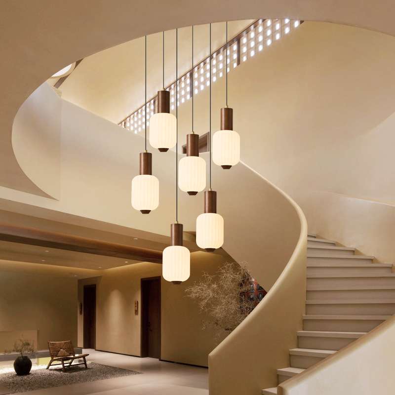 旋转楼梯吊灯中古风复式楼loft胡桃木色美式复古别墅客厅餐厅灯具