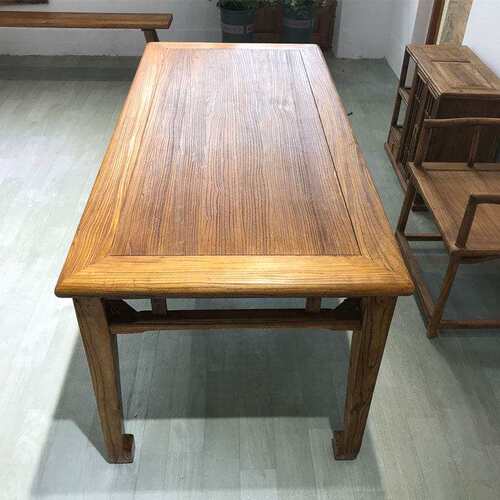 老榆木茶桌中式复古餐桌椅实木长条凳民宿禅意风化老门板马蹄书桌