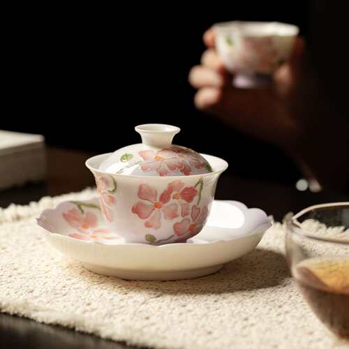 弥言纯手绘蝴蝶兰花陶瓷壶承家用高颜值花口干泡盘圆形茶点盘茶盘