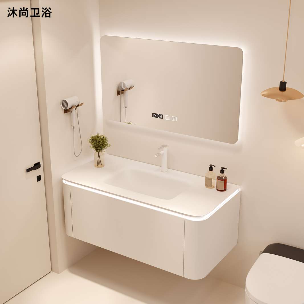 奶油风可丽耐一体盆岩板浴室柜组合智能镜柜橡木洗漱台洗手脸盆柜