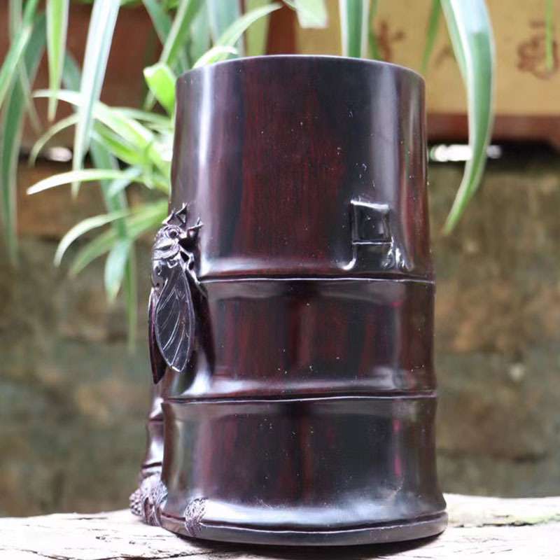 大叶紫檀笔筒木质知足常乐笔筒实木工艺品摆件木雕文房用品