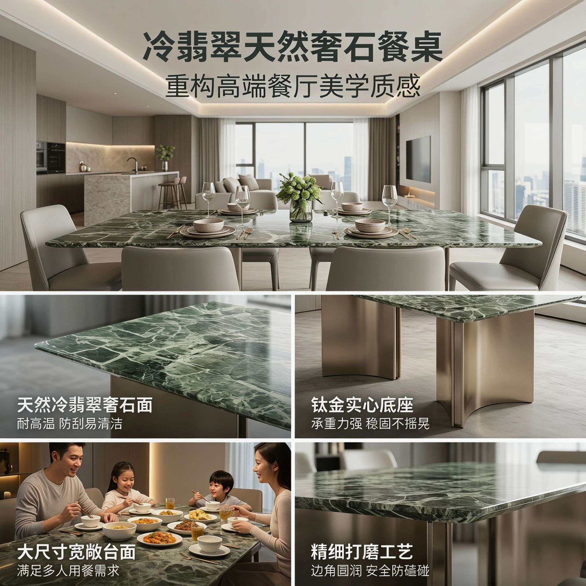 木月普拉达绿天然奢石餐桌椅意式极简风长方形餐桌不锈钢脚饭桌