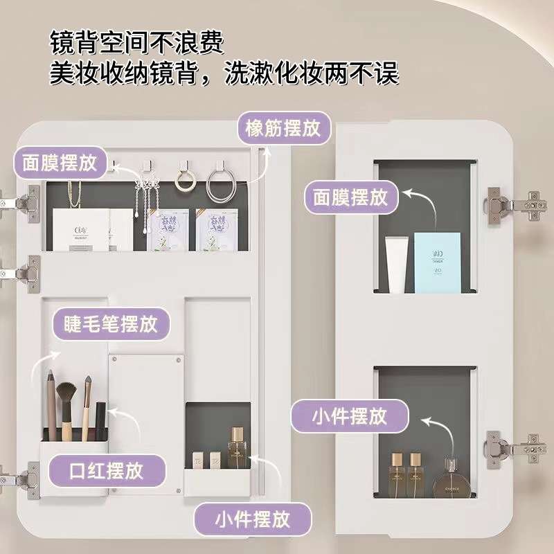 圆弧形智能浴室镜柜太空铝卫生间单独镜子带美妆架纸巾孔圆角防撞