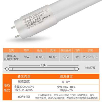 欧司朗LED T8微波雷达感应灯管 停车场车库仓储专用 智能智能感应