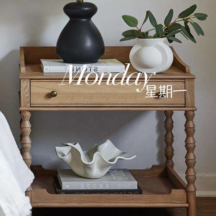 原木风罗马柱床头柜现代简约床边柜卧室抽屉柜可/ 家具