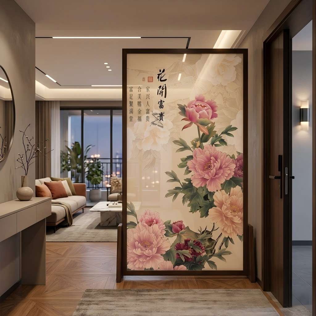 中式屏风隔断客厅卧室遮挡家用现代简约入户玄关移动实木牡丹座屏