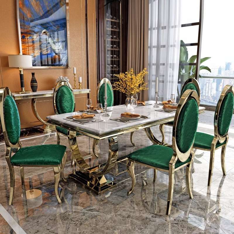 欧美式大理石餐桌椅组合轻奢现代简约不锈钢大户型家用长方形桌子