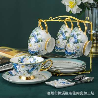 欧式咖啡杯陶瓷茶具田园创意高档骨瓷下午茶杯碟配勺套装带金色架