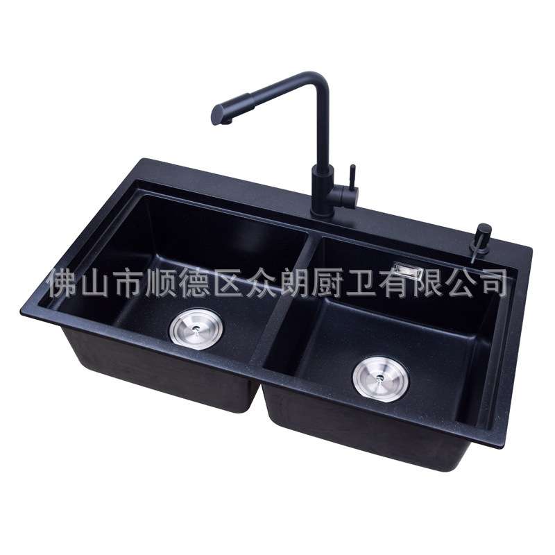 石英石厨房水槽台上双盆左右同大尺寸黑色花岗岩洗菜池双槽BG8548