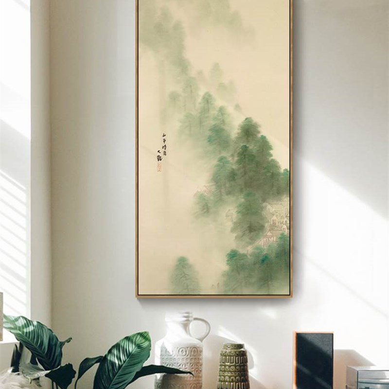 潇湘八景新中式玄关竖款装饰画四联入户玄关日式中餐厅挂画茶室画