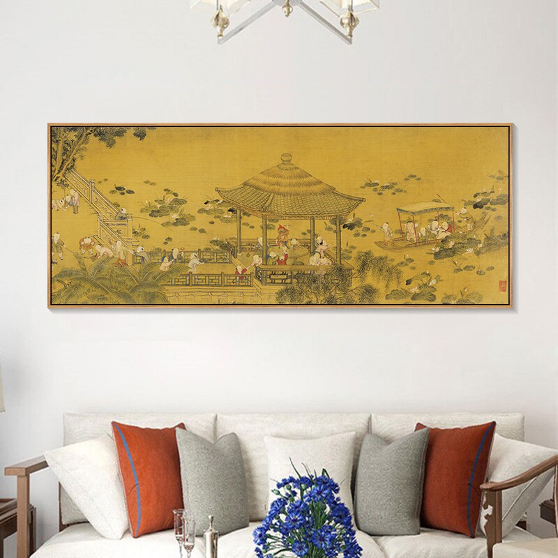 冷枚百子图国画新中式客厅装饰画古代国画复古酒店卧室床头画横幅