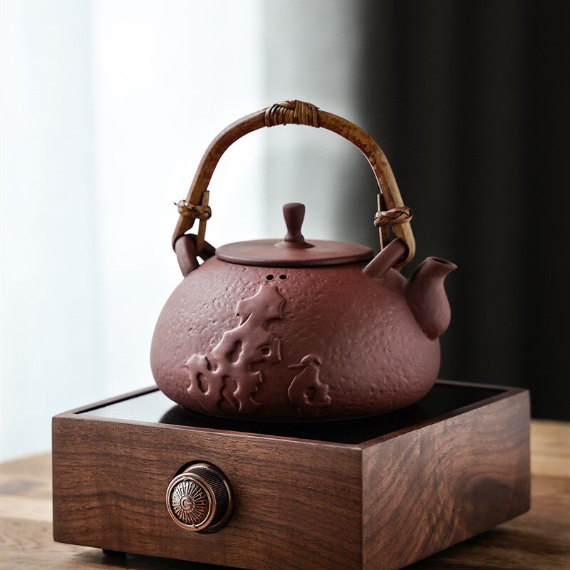 苏打釉太湖石煮茶壶 紫砂煮茶器 藤提梁电陶炉养生煮白茶烧水壶