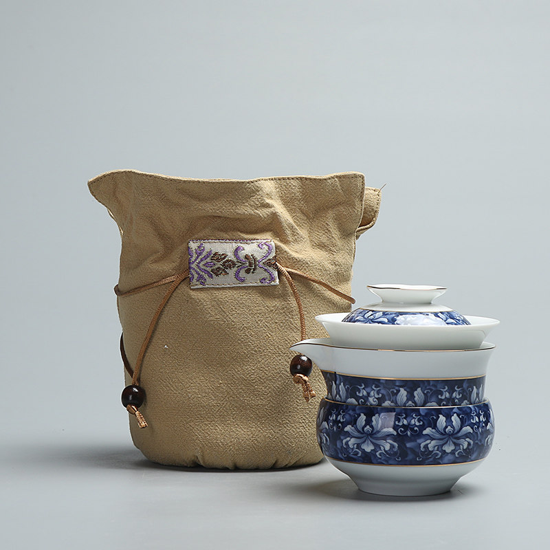 创意家用陶瓷功夫茶具 青花瓷快客杯 收纳便携式带包旅行办公茶具