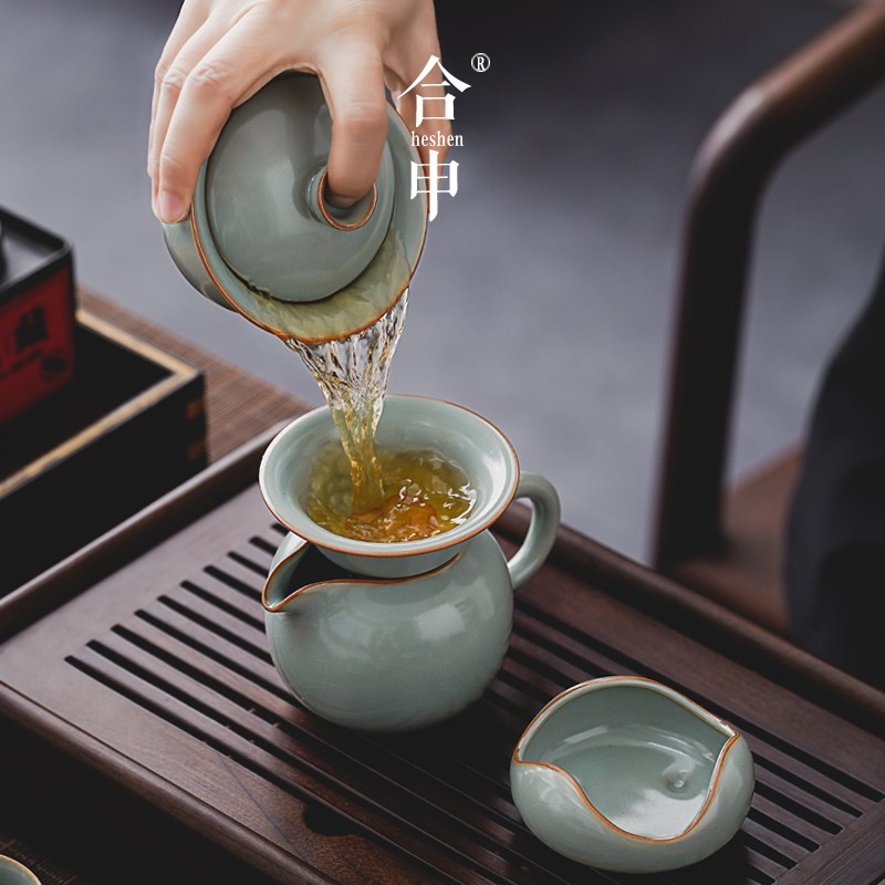 汝窑盖碗茶具套装家用整套泡茶碗公道杯茶漏功夫茶海茶盘小型高档