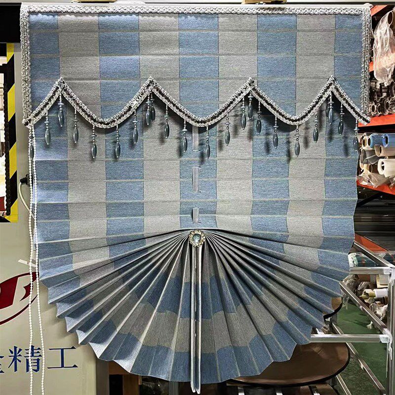 拼色蓝灰双色窗帘遮光气质简约拉升降免打孔卧室书房阳台扇形卷帘