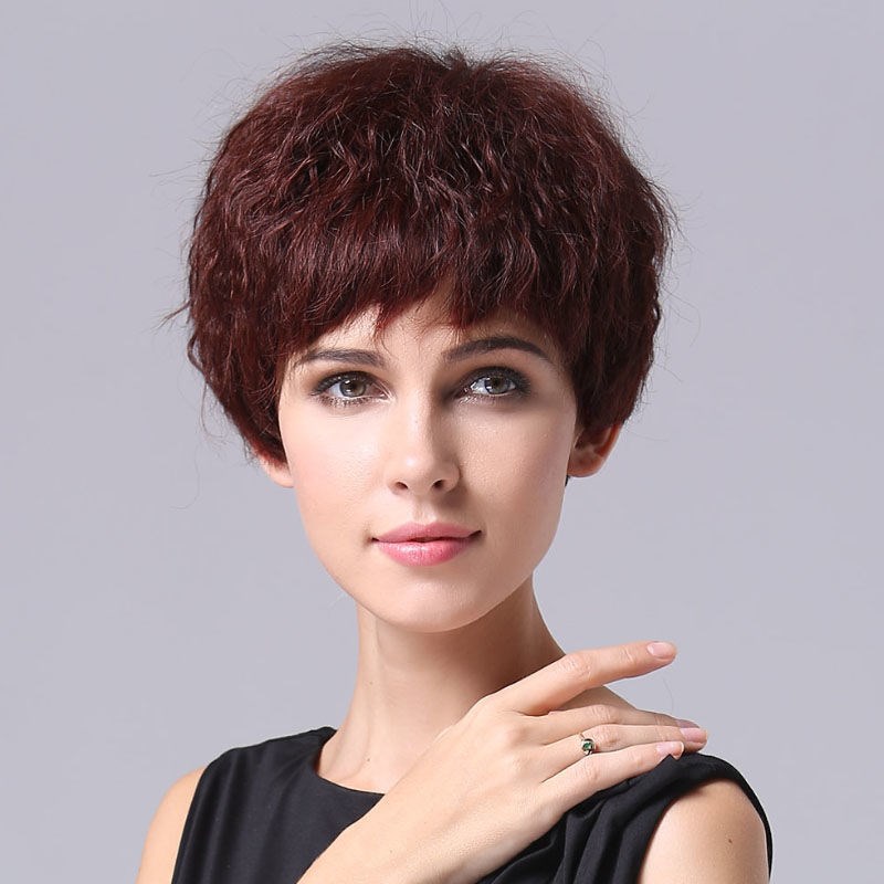 洗后有卷真发假发女短发真人发圆脸妈妈蓬松卷小波浪女全头套V08