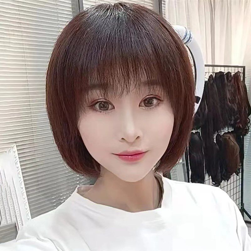 高端全手织 波波头直发真发全头套女士假发女黑色短直发波波头