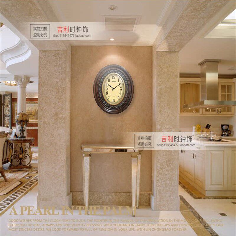 威灵顿大号实木简约欧式复古椭圆静音挂钟表石英钟中式客厅机芯