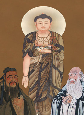 儒释道三家神像佛祖释迦摩尼佛孔子老子画像丝绸卷轴画学堂供奉画