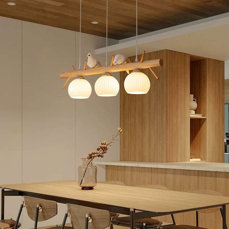 餐厅吊灯小鸟三头灯具现代简约客厅灯2025新款饭厅餐厅实木吊灯