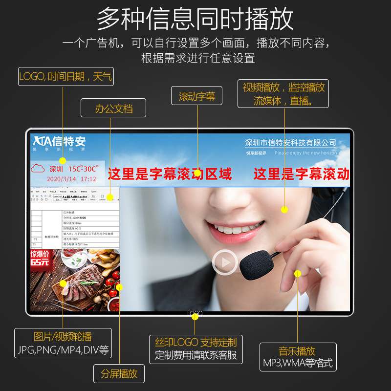 22/32/43/50/55寸网络高清触摸壁挂广告机显示屏奶茶店挂墙播放器