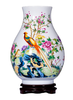 中式风格陶瓷花瓶景德镇粉彩花鸟福筒花瓶 客厅适用大口花器 送旋
