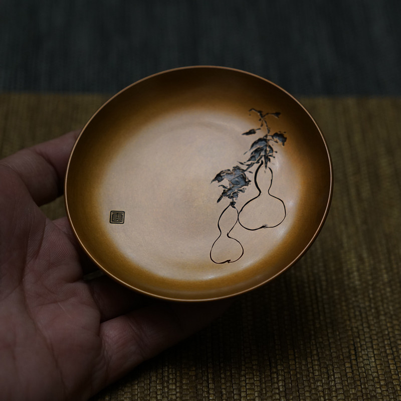 铜契茶托刻绘葫芦杯托手作纯铜收藏级紫铜人文茶道配件手工制作新
