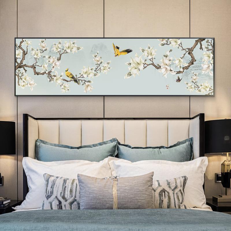 纯手绘新中式花鸟油画横幅客厅书房卧室装饰画餐厅大幅轻奢挂画