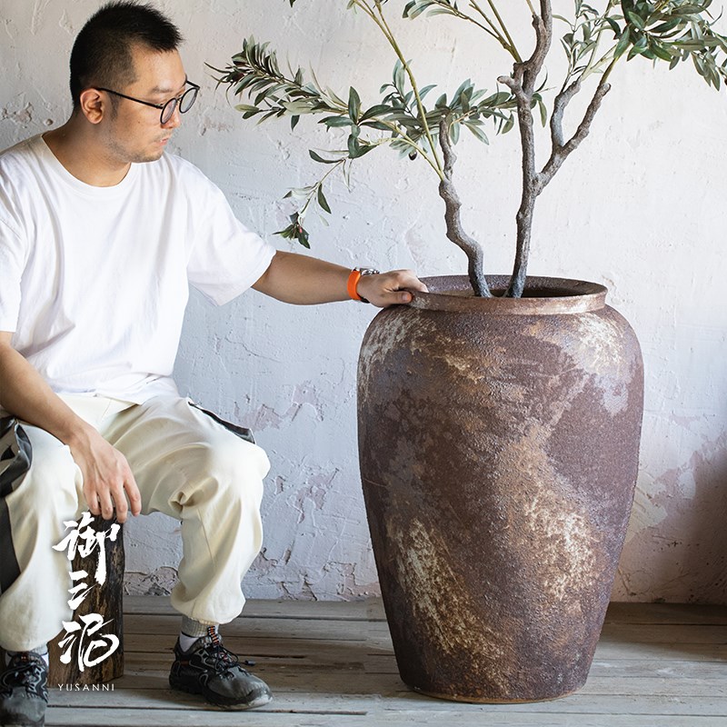 粗陶大口径落地花盆大花瓶手工粗陶罐种植盆复古侘寂风禅意摆件